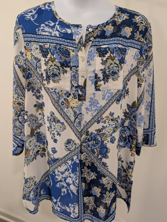 1179-Hope Springs Blue Floral Boho Tunic Blouse Button Front 3/4 Sleeve - NWT-2X