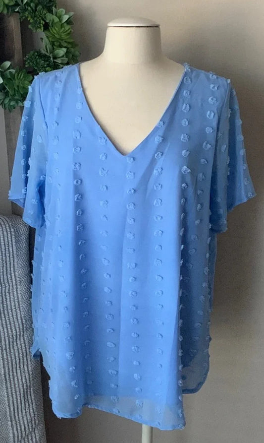 1182- Zenana Blue Sheer Textured Blouse Short Sleeve V Neck Boho Tunic - NWT