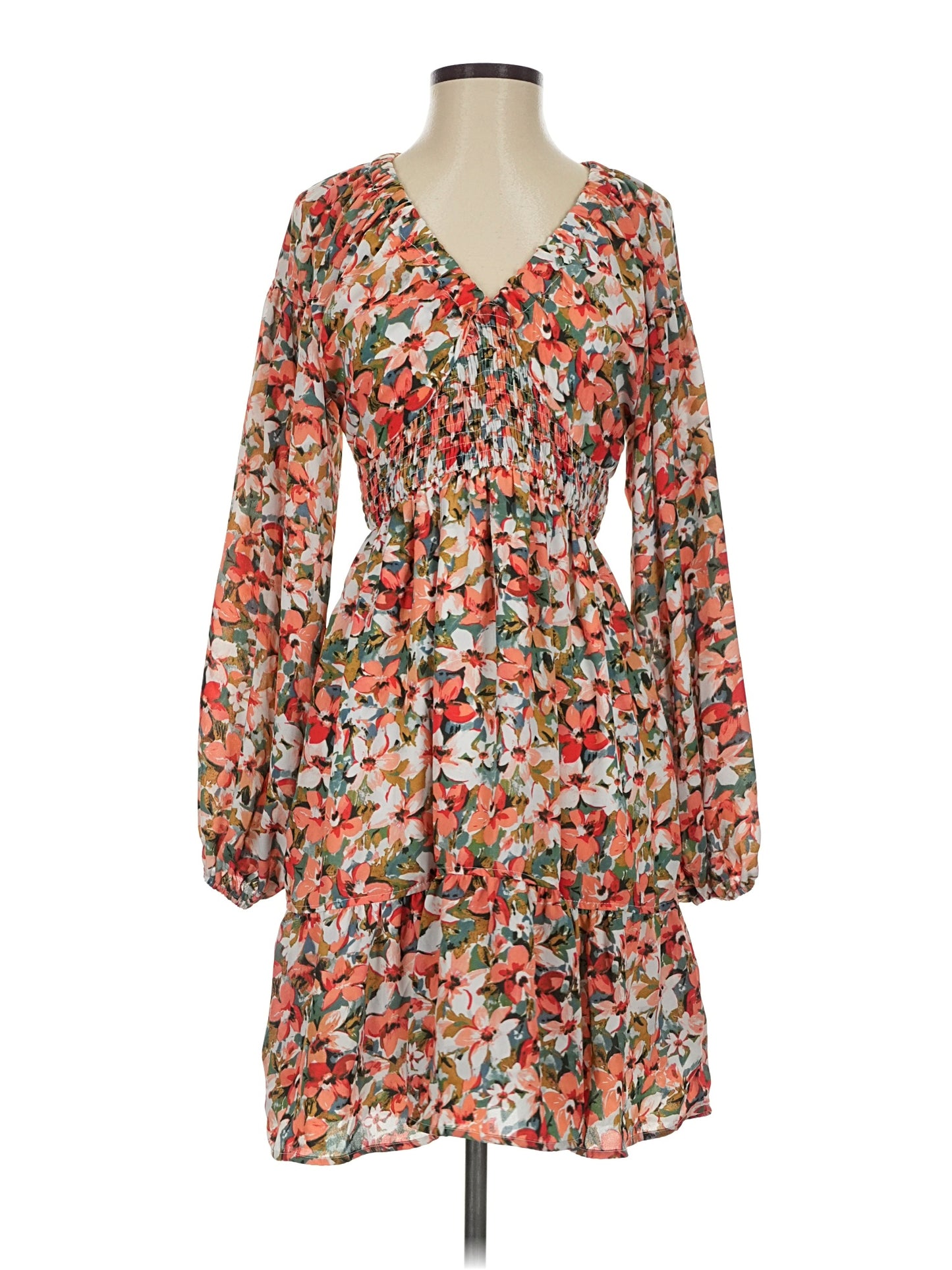 1186 - Dokotoo Floral Long Sleeve Smocked Dress Boho V Neck Ruffle Hem - NWT - M
