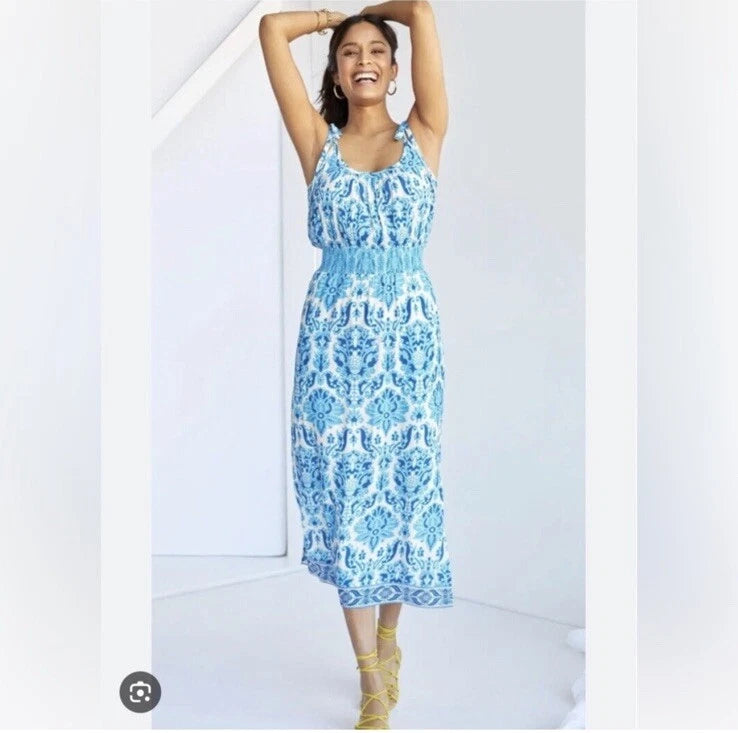 1188 - Plenty Boho Blue Paisley Maxi Dress Smocked Waist Sleeveless - Size XL/P