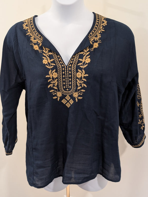 1191 - J.Jill Boho Embroidered Navy Blouse Long Sleeve V Neck Tunic - Medium