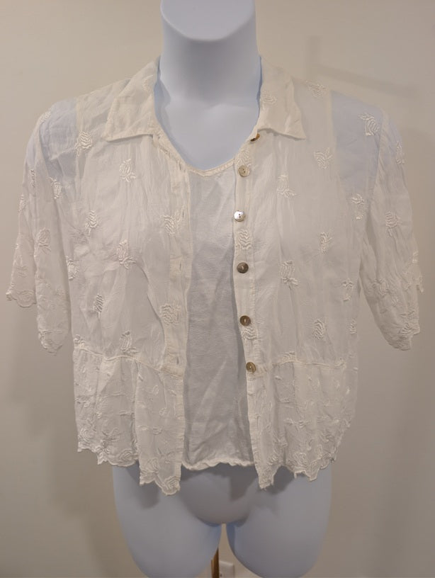 1193- Johnny Was Collection Embroidered Sheer Button Front Blouse Cream - Medium