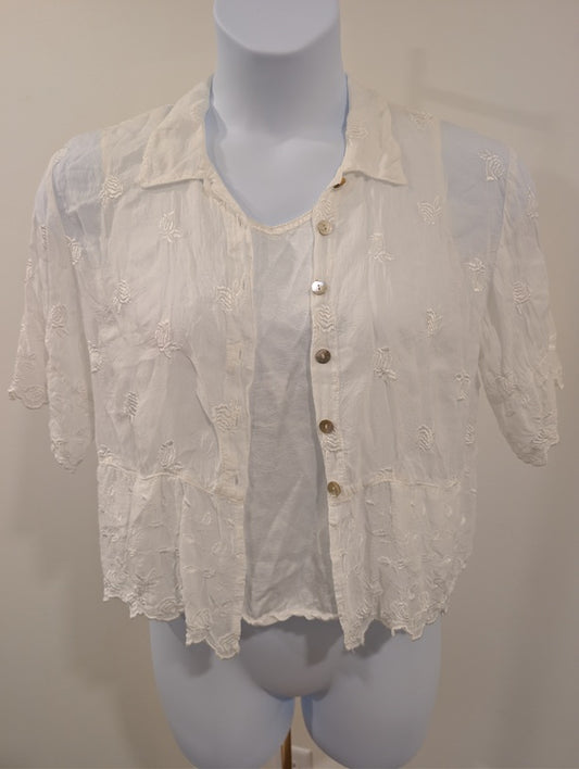 1193- Johnny Was Collection Embroidered Sheer Button Front Blouse Cream - Medium