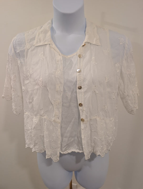 1193- Johnny Was Collection Embroidered Sheer Button Front Blouse Cream - Medium