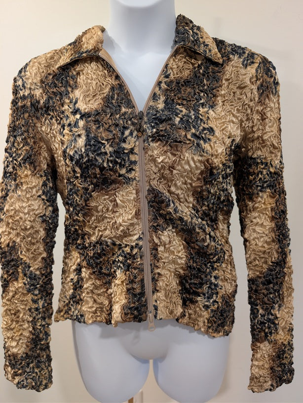 1196 - Joseph Ribkoff Vintage Crushed Velvet Zip Jacket Tan Brown  -Size 8