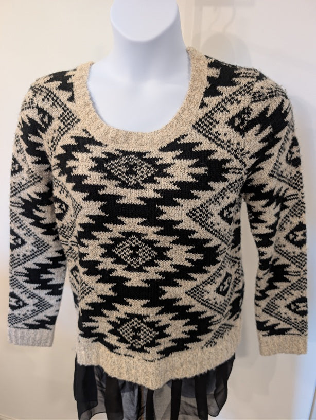 1199- RAIN Boho Aztec Knit Sweater Black Cream Sheer Hem - NWT - L