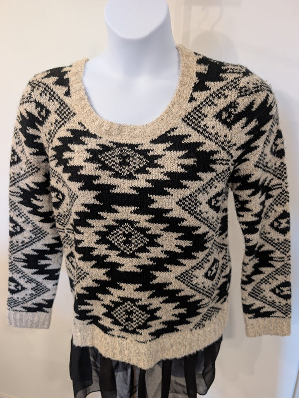 1199- RAIN Boho Aztec Knit Sweater Black Cream Sheer Hem - NWT - L
