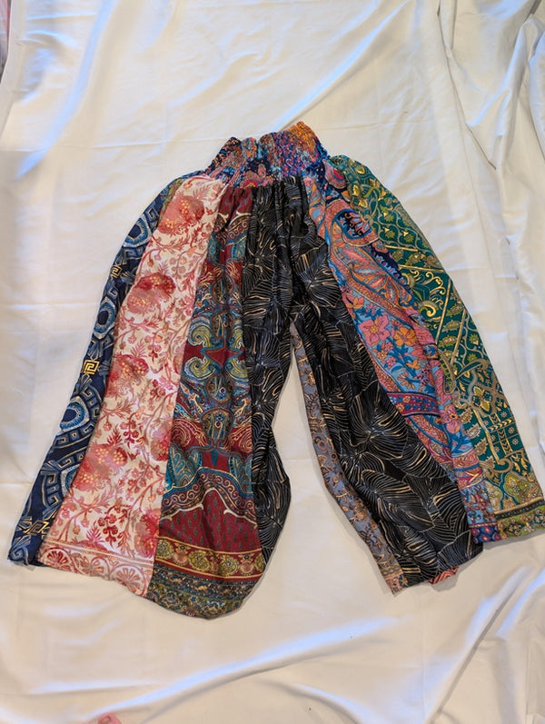 1203 - POL Boho Patchwork Wide Leg Pants Smocked Waist One Size