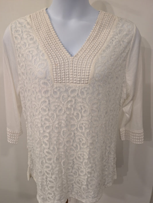 1208 - Roz & Ali Boho Lace Tunic Top Cream 3/4 Sleeve- NWT - XL