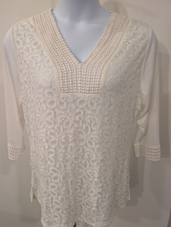 1208 - Roz & Ali Boho Lace Tunic Top Cream 3/4 Sleeve- NWT - XL