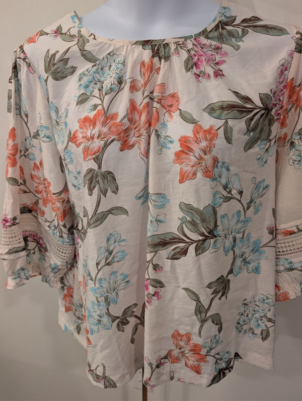 1210- Kate and Lily Floral Print Blouse Womens Lace Sleeve Boho Cottagecore-2X
