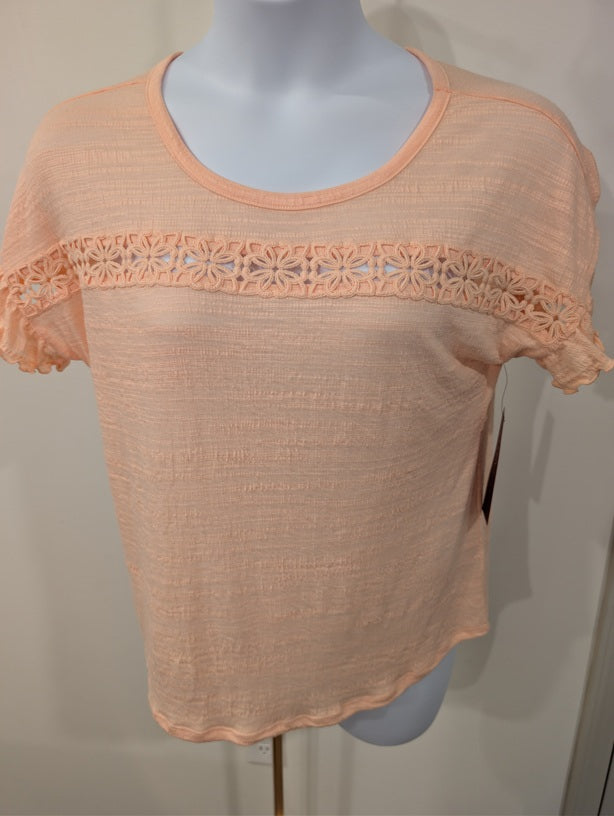 1211 - Peach Crochet Trim Short Sleeve Top Boho Y2K - NWT - Large