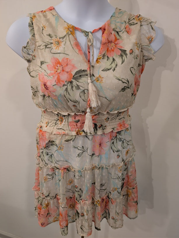1213- Indulge Boho Floral Tiered Ruffle Dress Sheer Cap Sleeve Tassel Tie - NWT