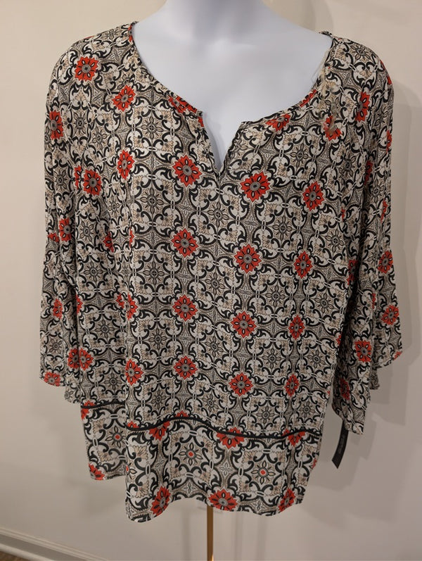 1216- Zac & Rachel Boho Floral Peasant Blouse Bell Sleeve Split Neck - NWT-3X