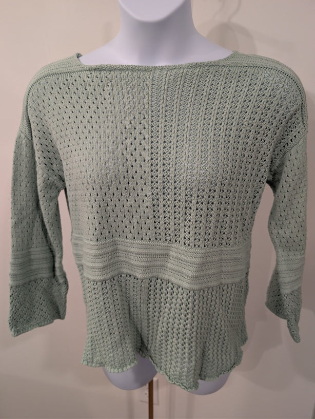 1217-Style & Co Boho Crochet Knit Sweater Green Open Weave 3/4 Sleeve - L - NWT