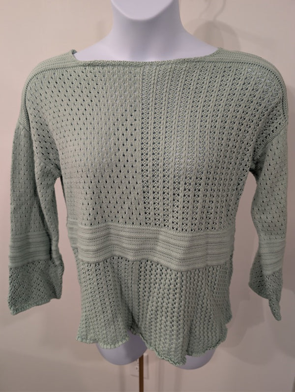 1217-Style & Co Boho Crochet Knit Sweater Green Open Weave 3/4 Sleeve - L - NWT