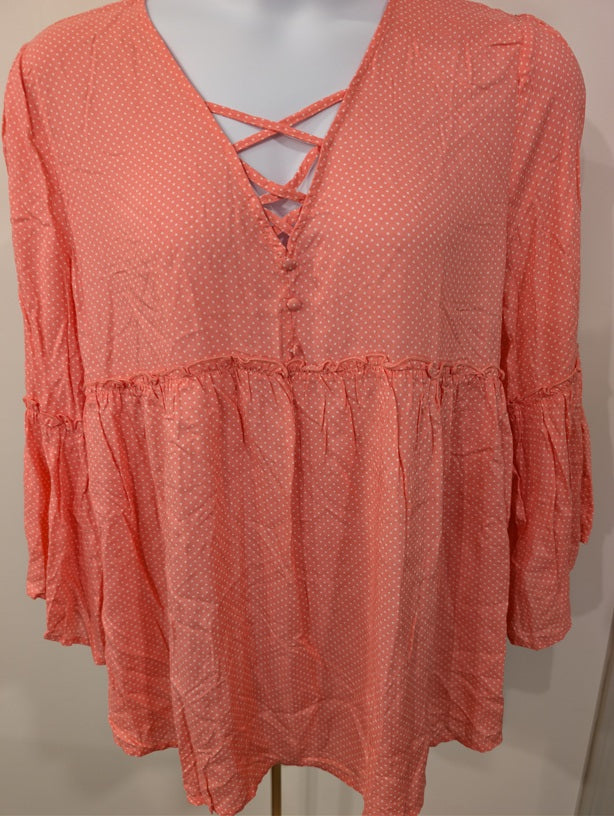 1224 - L love Coral Polka Dot Peplum Blouse Lace Up Back Bell Sleeve - NWT - 3XL