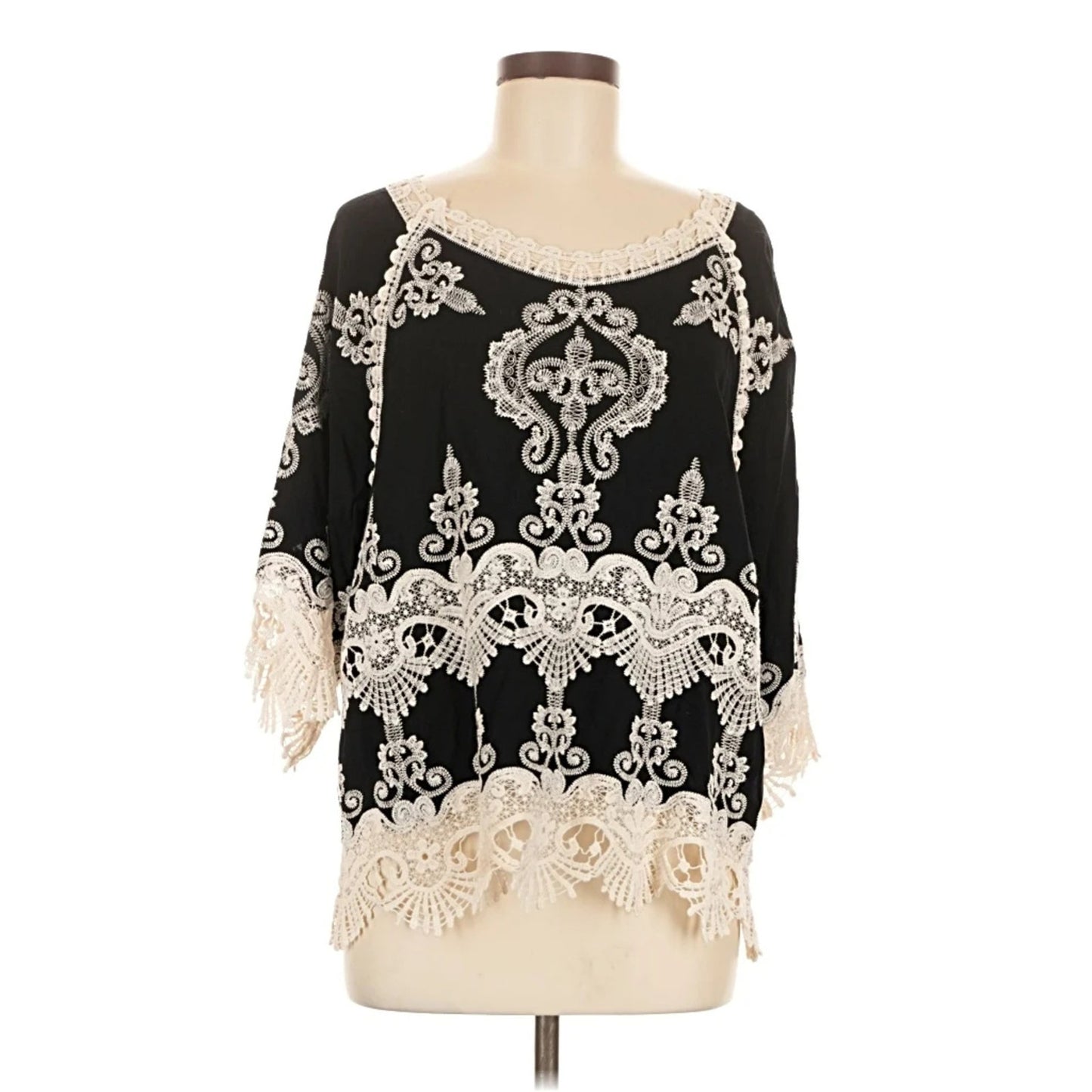 1110 - Leo & Nicole Boho Lace Embroidered Black Tunic Top  - New - Size 3X