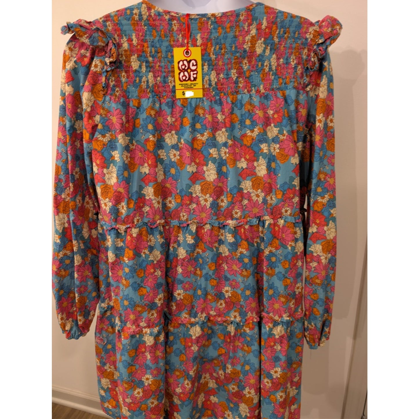 1048 - ODDY Floral Smocked Dress Long Sleeve Ruffle Blue Pink 2X