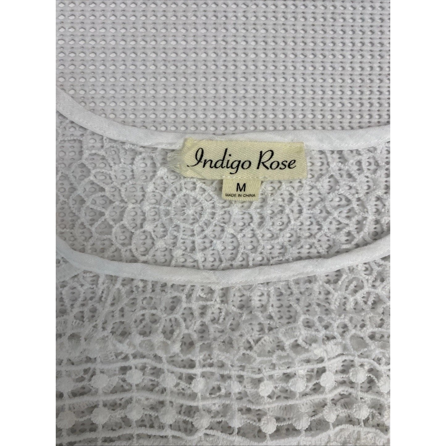 1233-Indigo Rose Blouse with Crochet at neck/sleeves-  Sz M