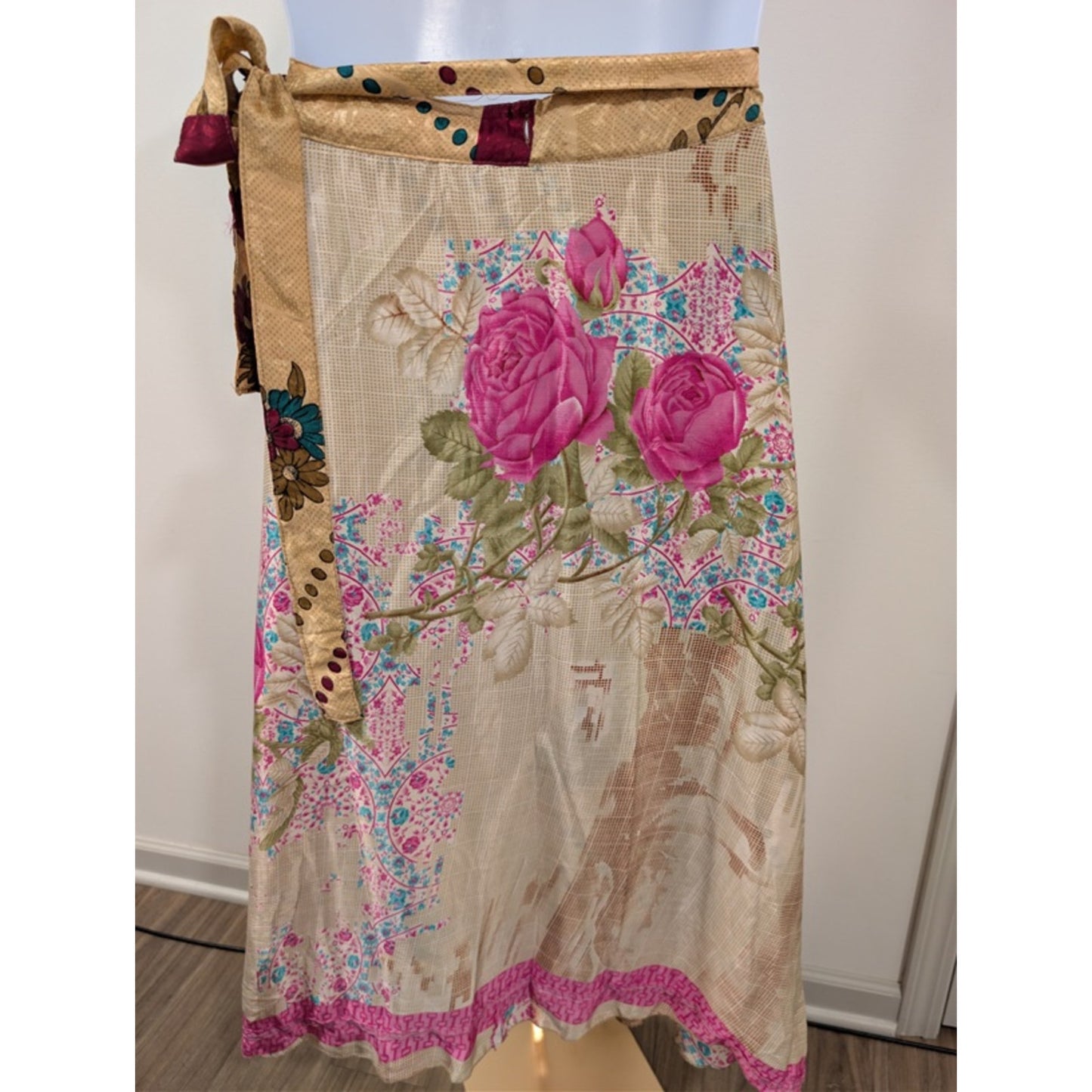 1148 - Jackpot Boho Floral Mesh Wrap Skirt Pink Beige One Size - NWT