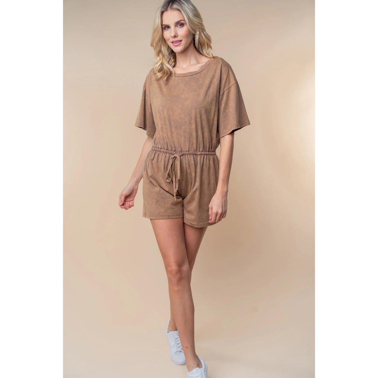1248-White Birch Full Size Short Sleeve Drawstring Romper-NEWThe Wh