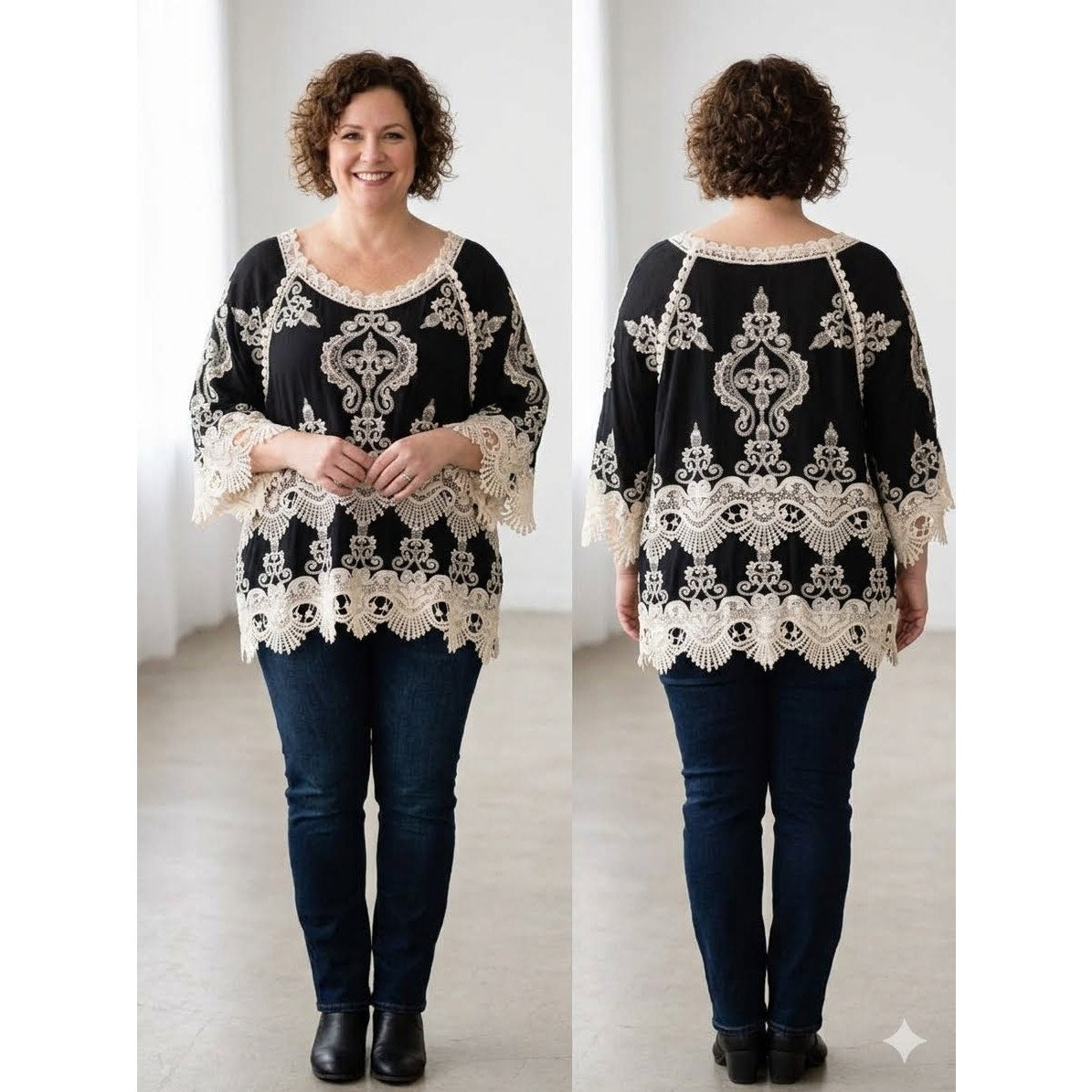 1110 - Leo & Nicole Boho Lace Embroidered Black Tunic Top  - New - Size 3X