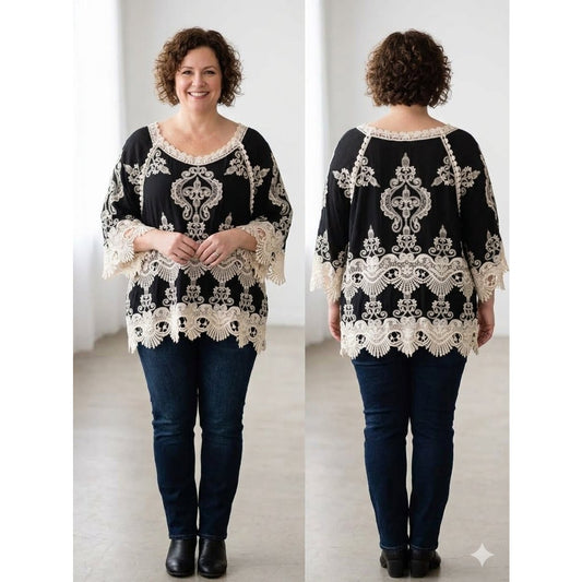 1110 - Leo & Nicole Boho Lace Embroidered Black Tunic Top  - New - Size 3X