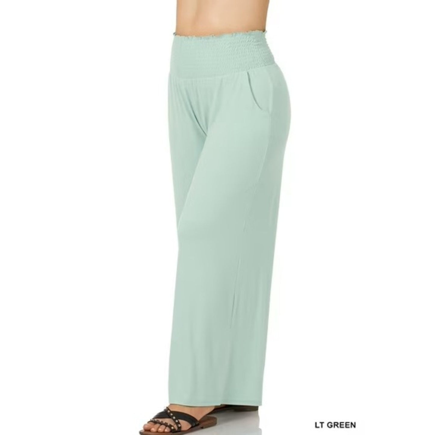 1125 - Zenana Wide Leg Palazzo Pants Light Green High Waist - New - 1X