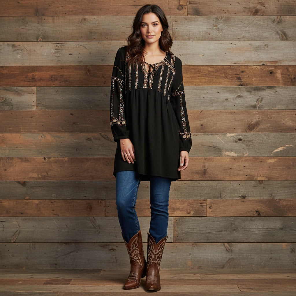 1464 - Knox Rose Black Embroidered Tunic - XL*