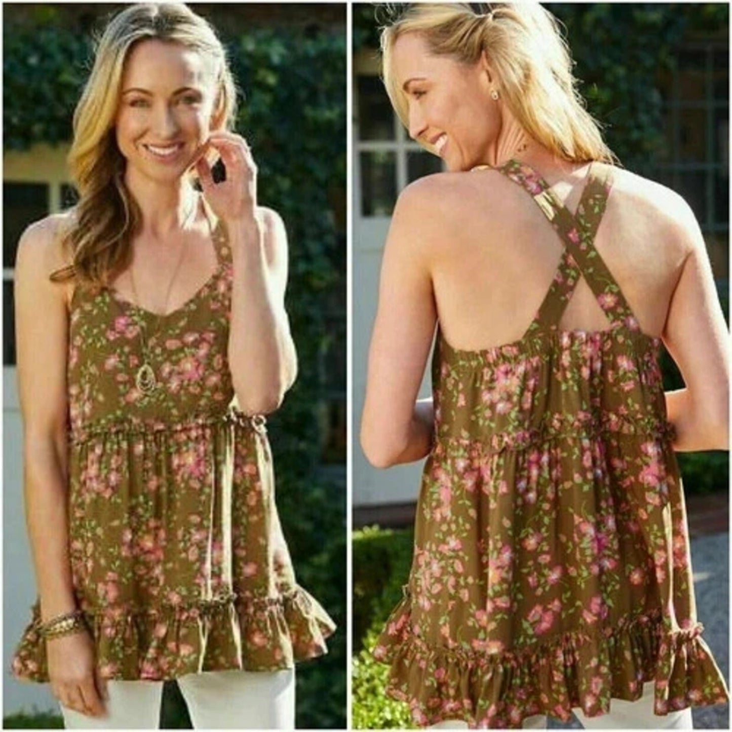1138 - Matilda Jane Floral Boho Tank Top Brown Pink Green M - NWT
