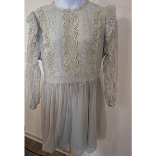 1052 -  Lace Dress Sheer Puff Sleeve MInt green with Gray Tulle Size 3XL