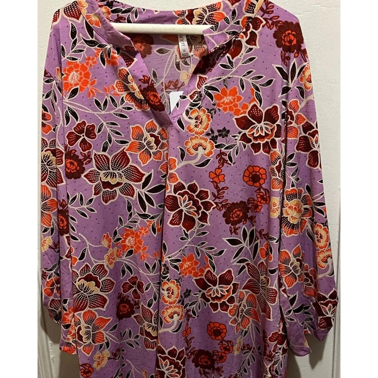 1133- Dear Scarlett Floral Print Blouse Purple Orange Boho Long Sleeve - NEW - M