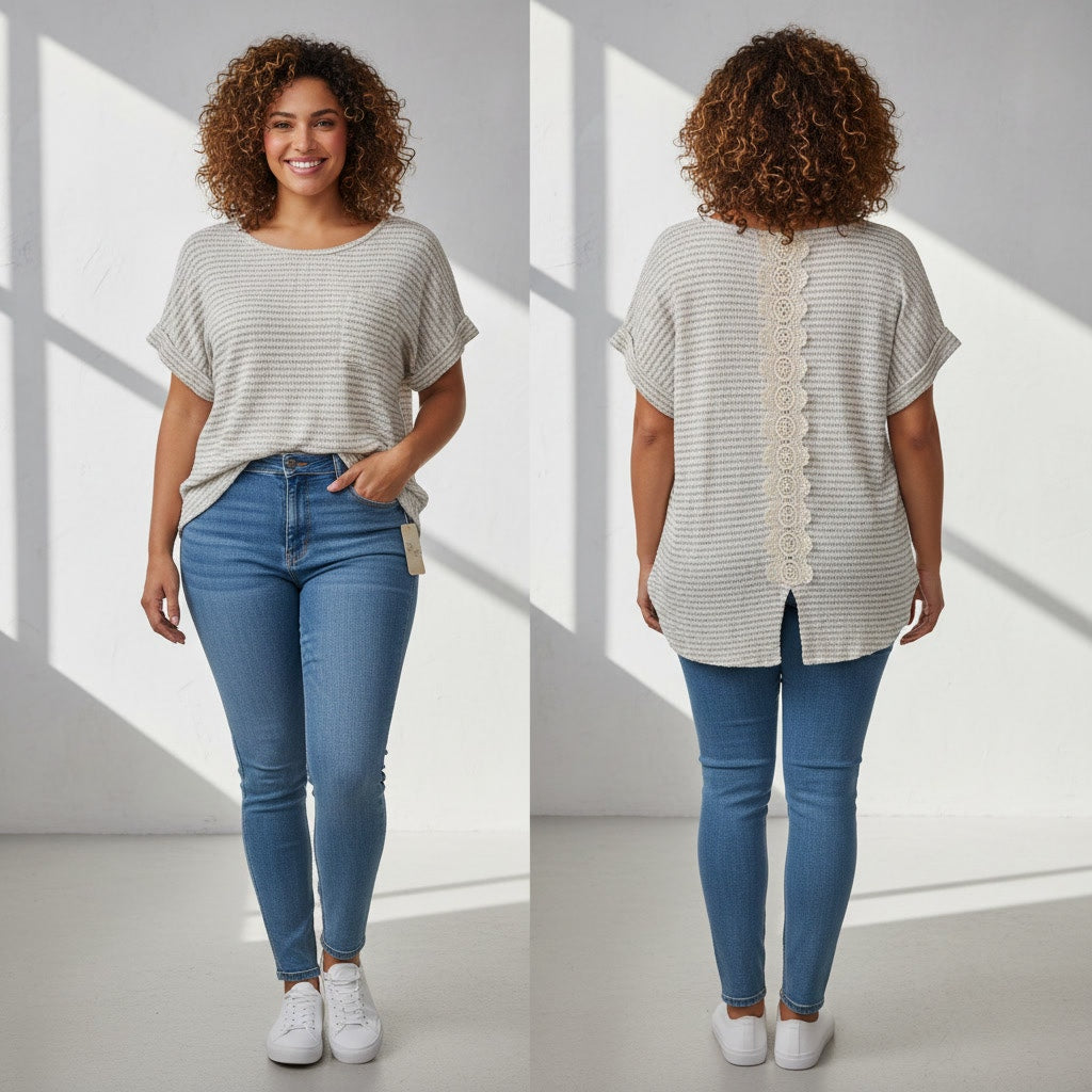 1294 - Misia Open Knit Blouse with Lace Trim down back - Large - New