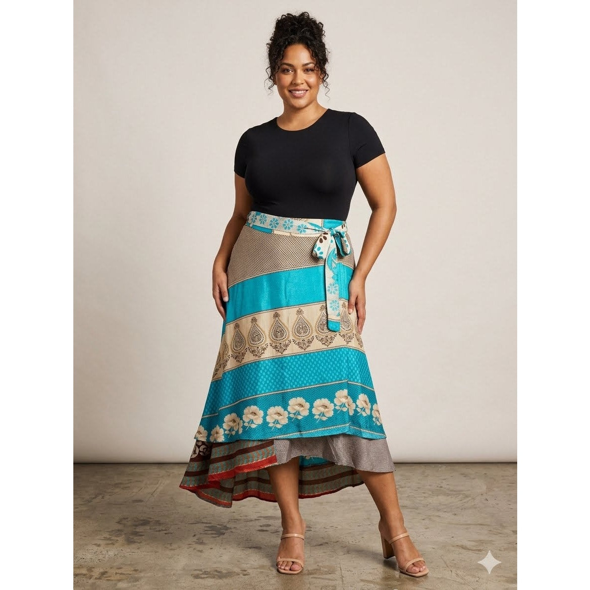 1144- Boho Paisley Wrap Skirt Blue Beige Floral Print - NWT - One Size