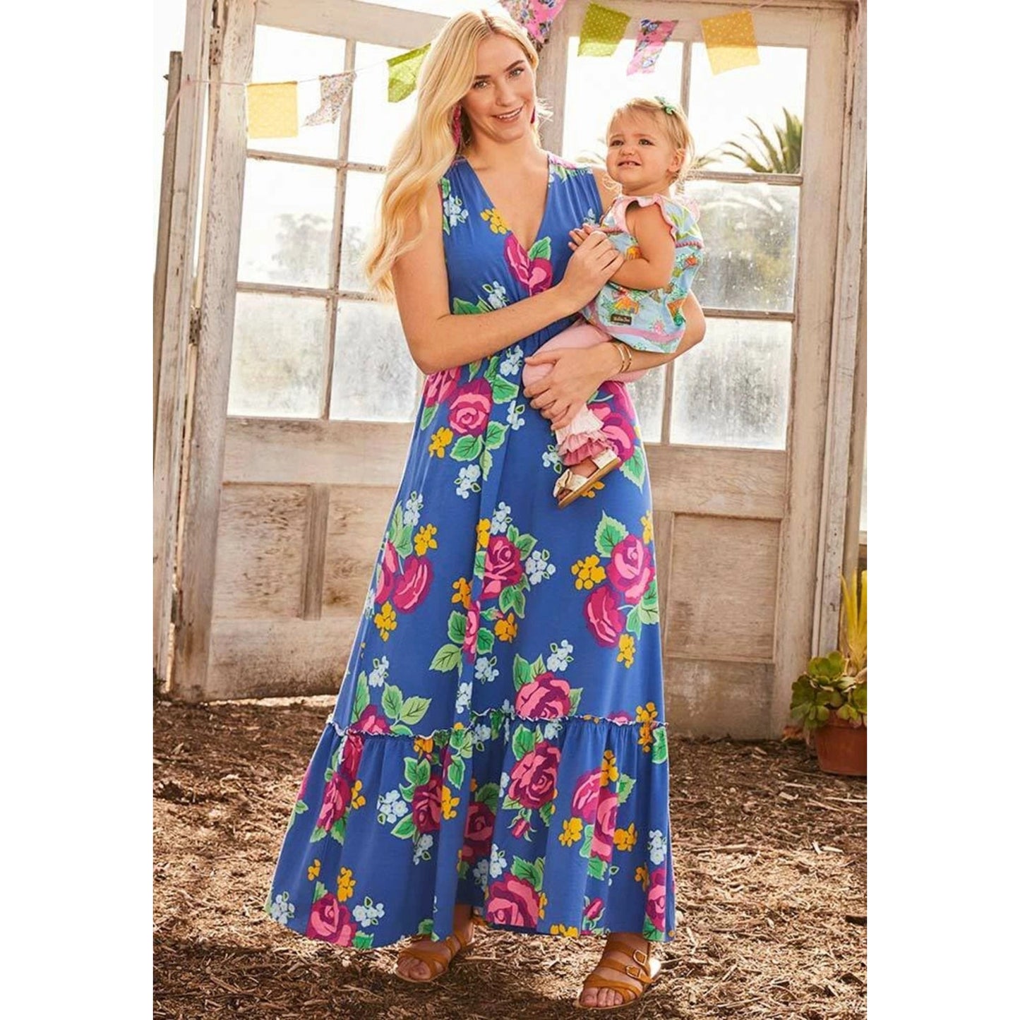 1130 - Matilda Jane Boho Floral Maxi Dress Blue Sleeveless Tie Back - NWT - Med