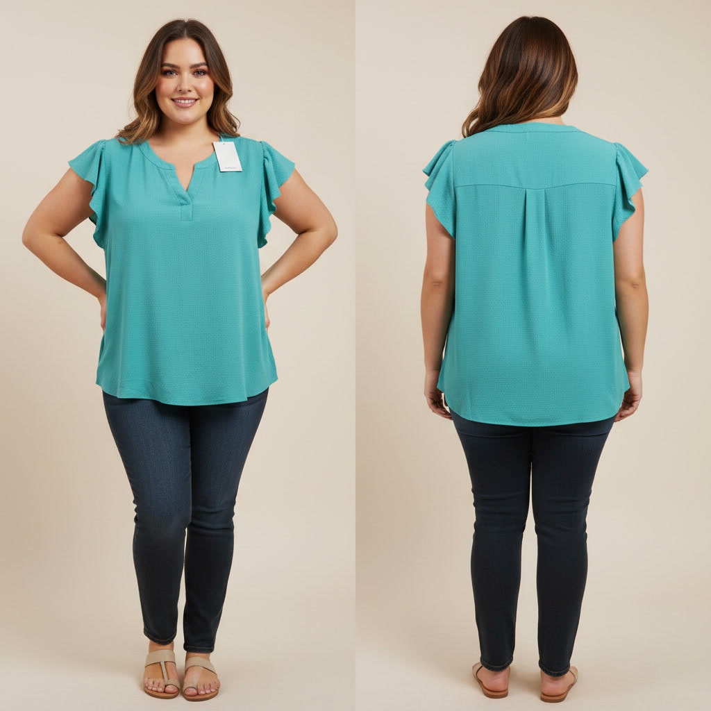 1283 - Andree' by Unit Aqua Teal Blouse with Flutter Sleeves - 2X
