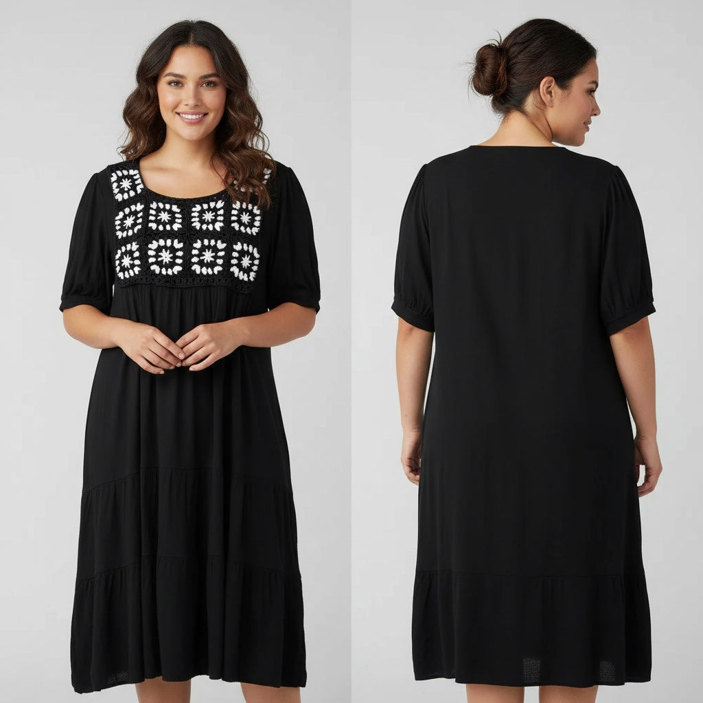 1329 - Cactus & Pearl‎ Prairie Granny Black White Crochet Gauze Midi Dress Small
