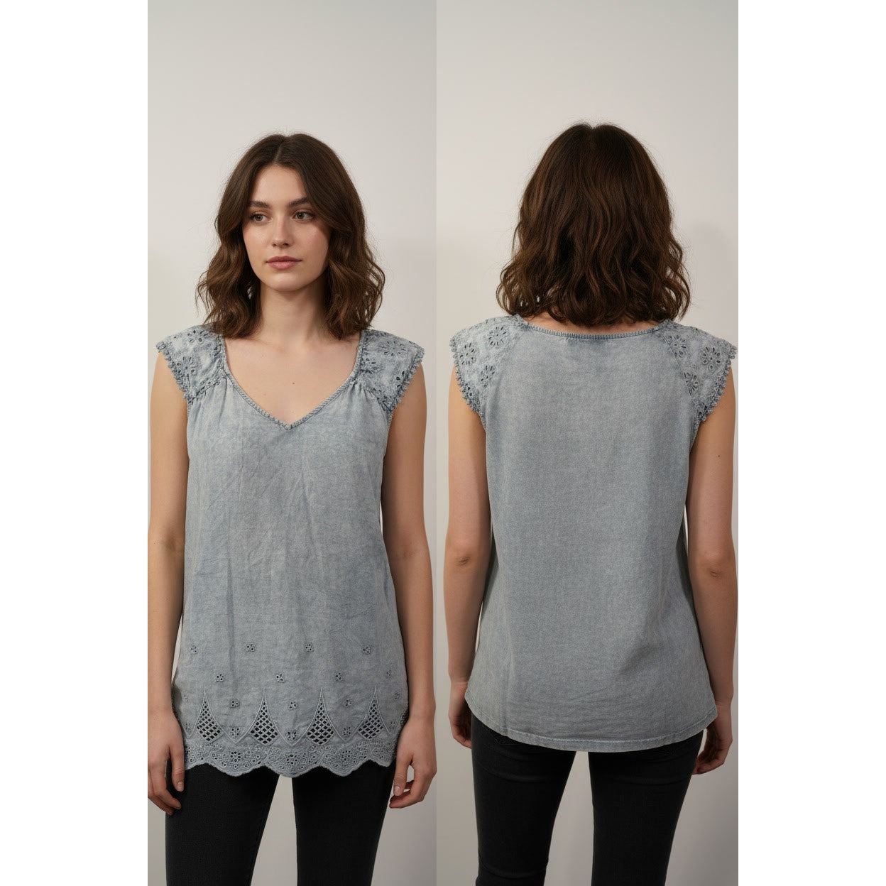 1379 - Easel Mineral Washed Tank with Flutter Sleeves - Blue/Gray - Small