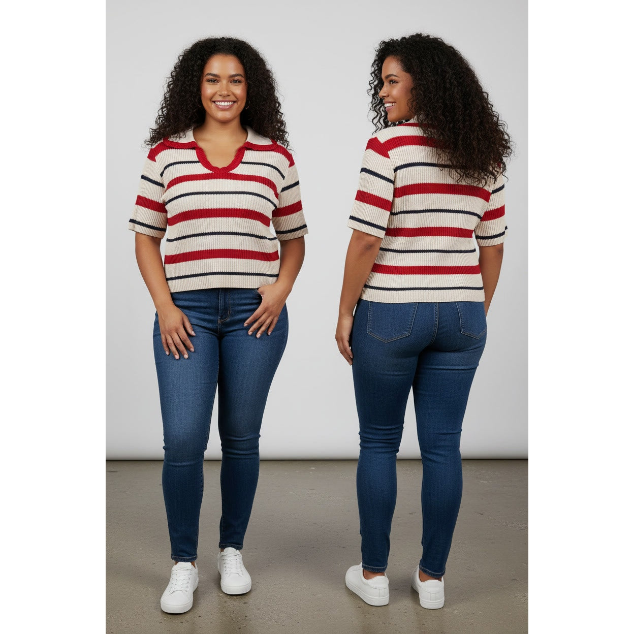 1401 - Zenana Ladies Striped Collared Short Sleeve Cropped Sweater - Large-NWOT