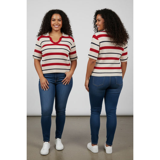 1401 - Zenana Ladies Striped Collared Short Sleeve Cropped Sweater - Large-NWOT