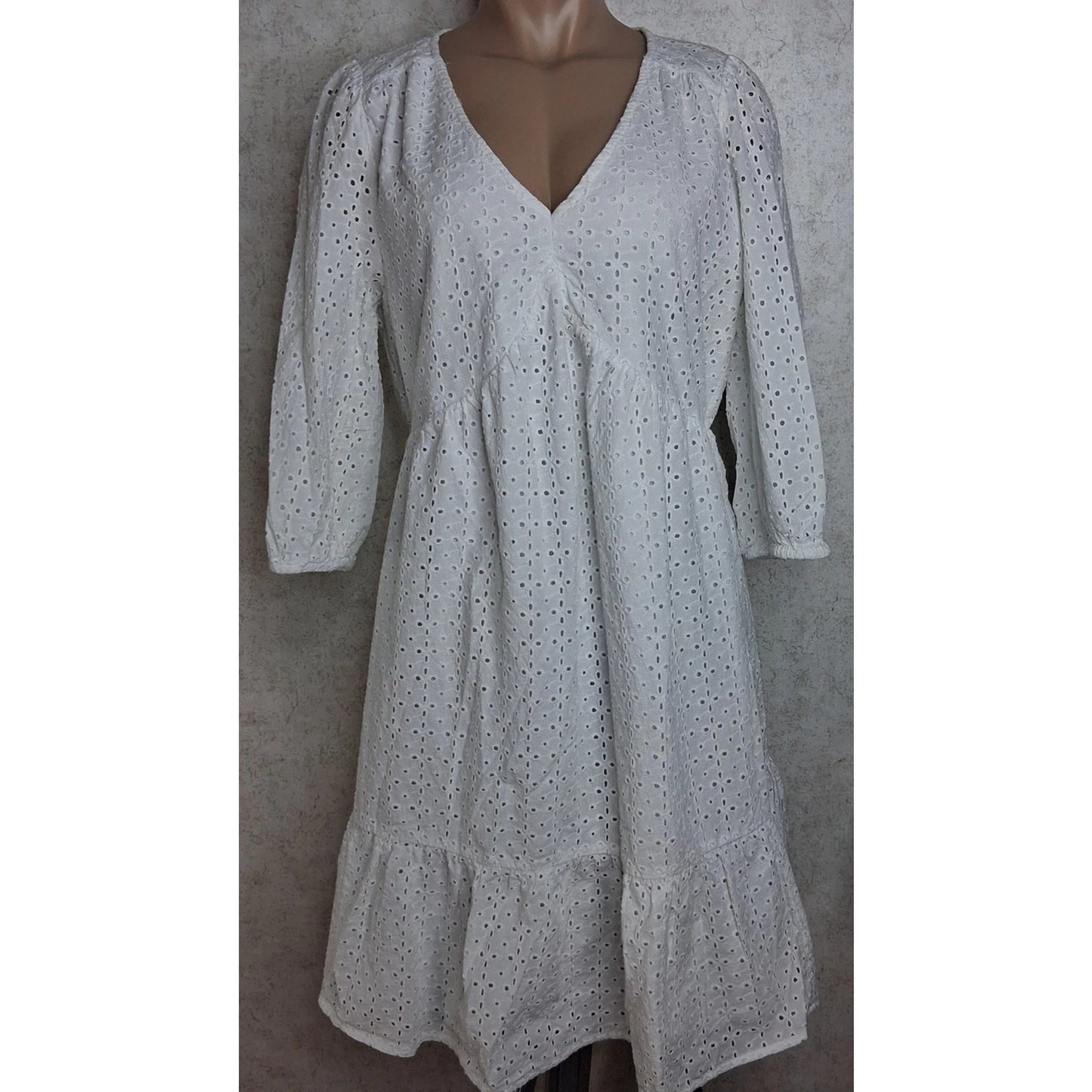 1112 - Isabel White Eyelet Cotton Babydoll Dress Puff Sleeve Ruffle Hem - NWT -L