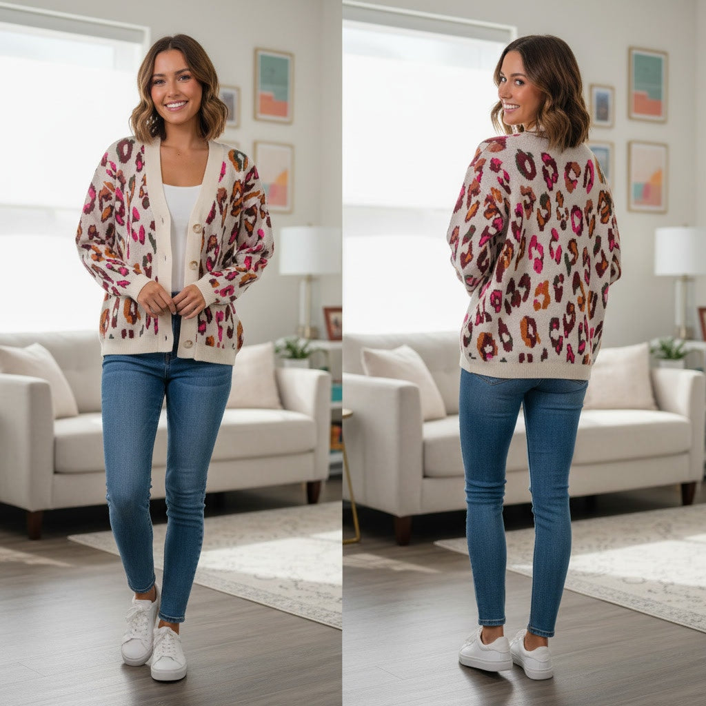 1411 - Entro Cream with Animal Print Cardigan - NWT - Small