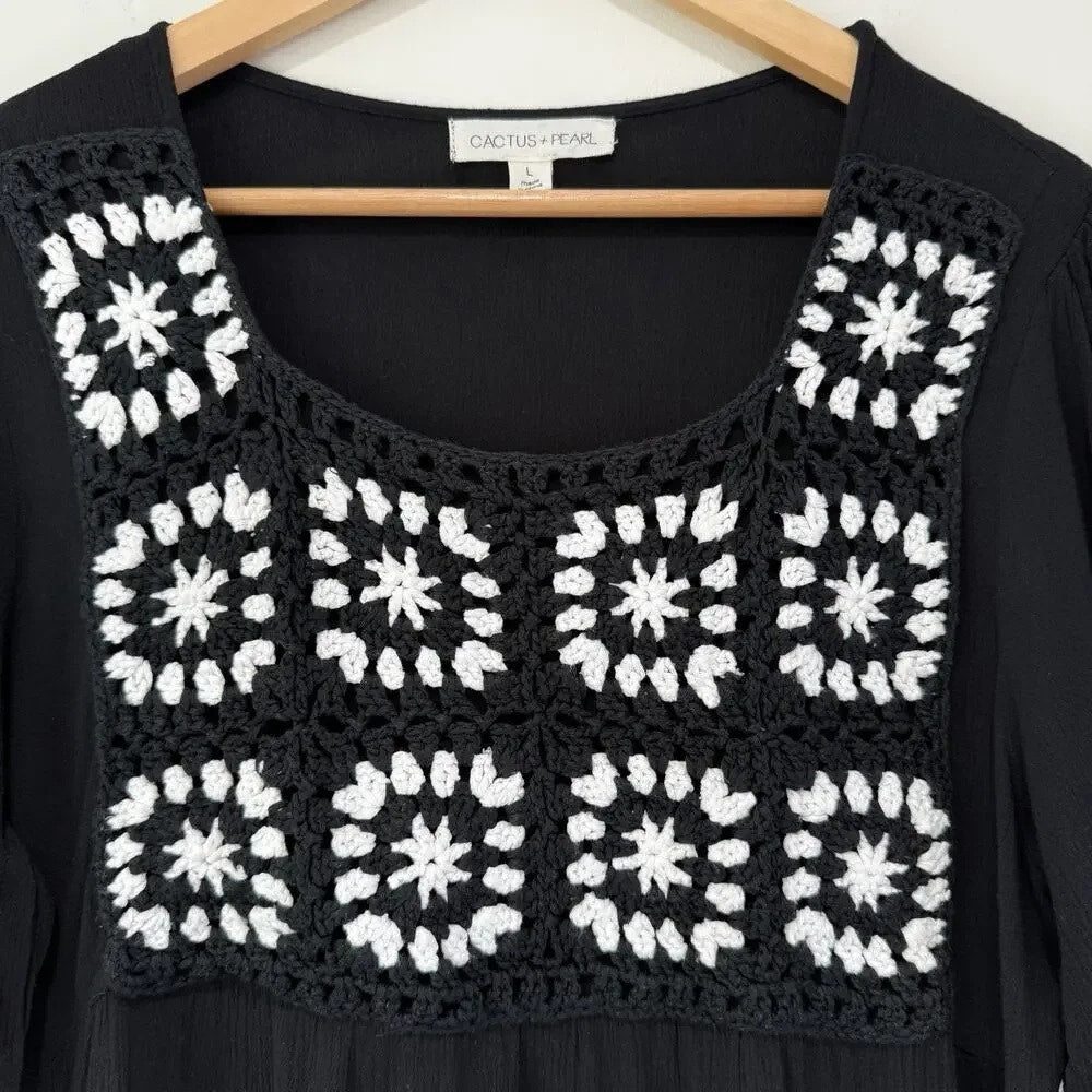 1329 - Cactus & Pearl‎ Prairie Granny Black White Crochet Gauze Midi Dress Small