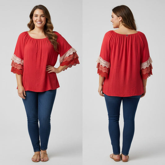 1375 - Umgee Pink/Peach Boho Cottagecore with Crochet detail on sleeve - Large