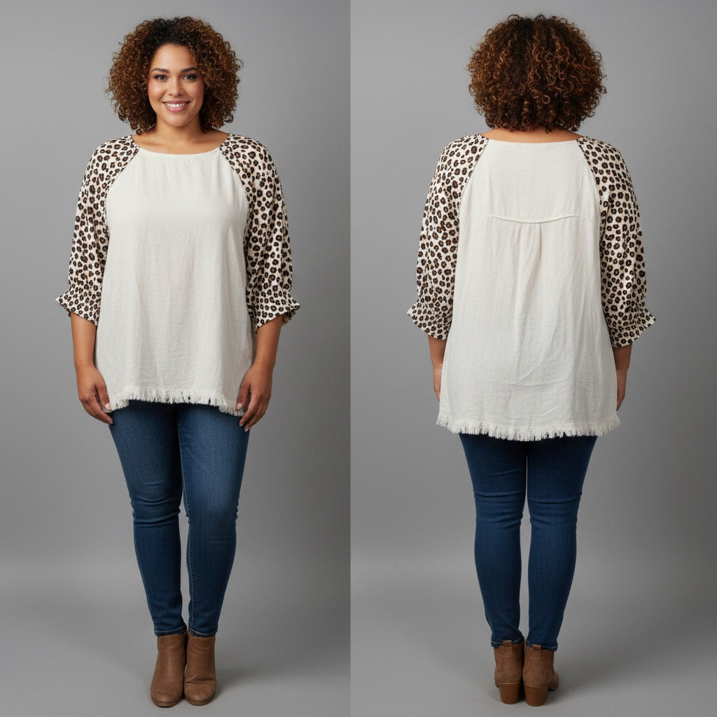 1300 - Umgee Linen Blend Blouse with Animal Print Sleeves - 1XL