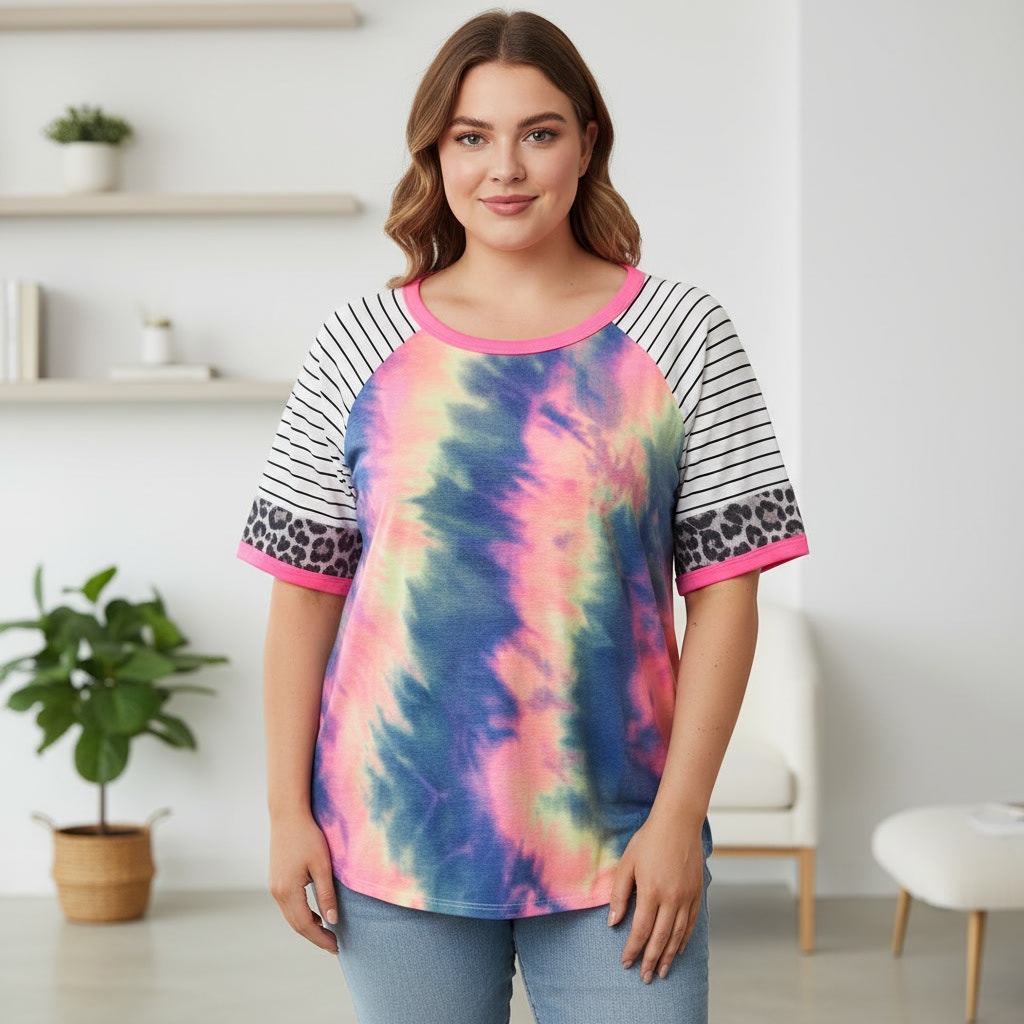 1350 - BiBi Tie Dye Tee with Striped Sleeves with Leopard Trim Size XL NWOT