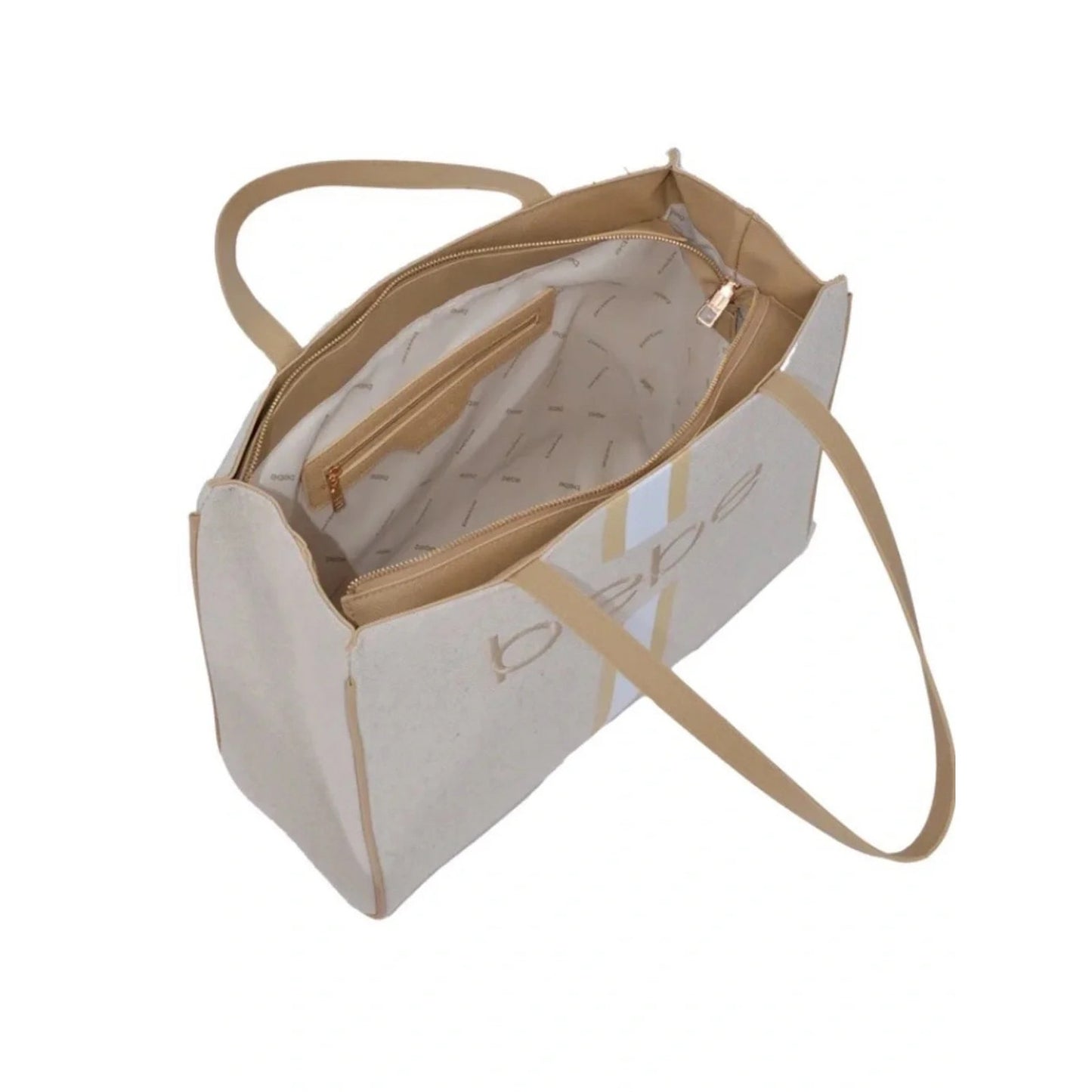 Bebe Canvas Tote Bag Beige Tan Stripe Logo Large Shopper - NWT