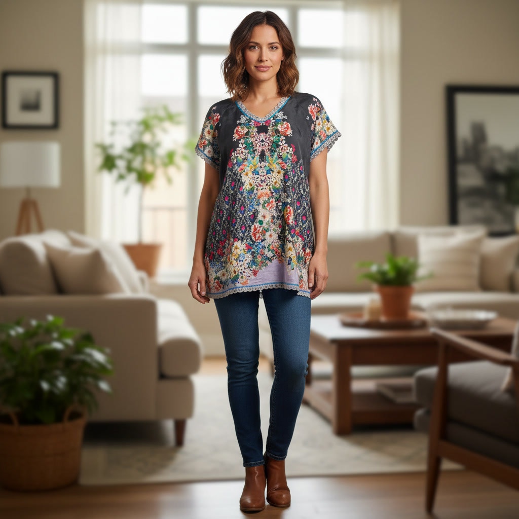 1534 - Johnny Was 100% Silk Floral print blouse with Embroidered Trim - XS