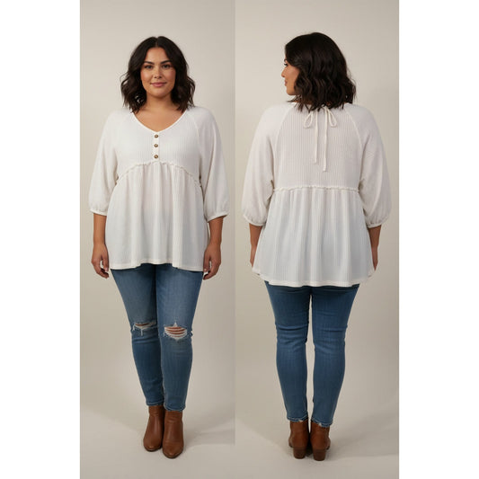 1380 - Umgee Boho Cottagecore Baby Doll Top - Waffle knit - Large - NWT